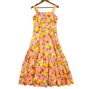 Talbots Maxi Dress Women's 6 Petite Pink Lemon Oranges Smocked Tiered Ruffle